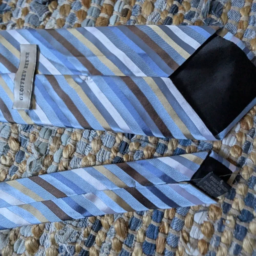 Geoffrey Beene Blue Gold Brown Striped Silk Necktie Office Meeting Upgrade Tie